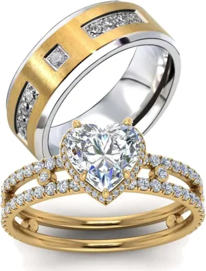 ringheart Couple Rings Matching Ring Heart 1.5ct CZ Yellow Gold Plated Women Wedding Ring Sets for Him and Her Rings