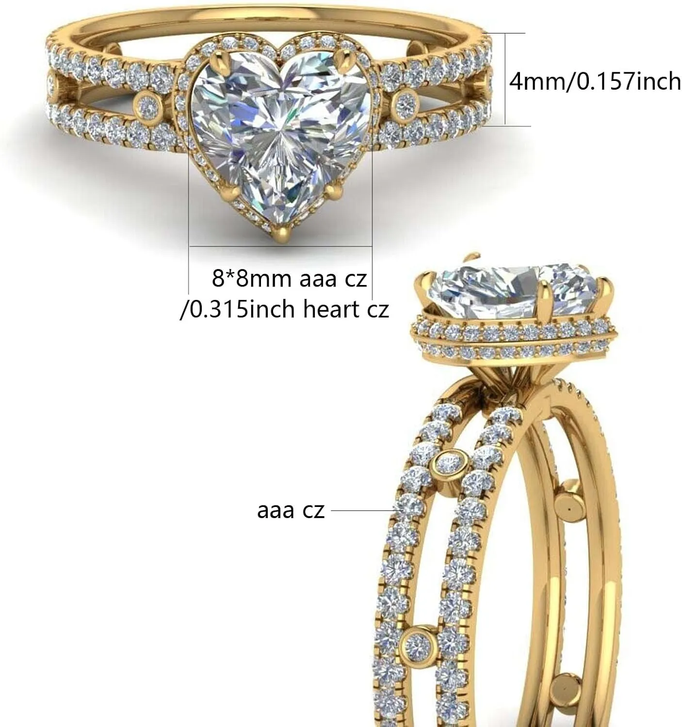 ringheart Couple Rings Matching Ring Heart 1.5ct CZ Yellow Gold Plated Women Wedding Ring Sets for Him and Her Rings