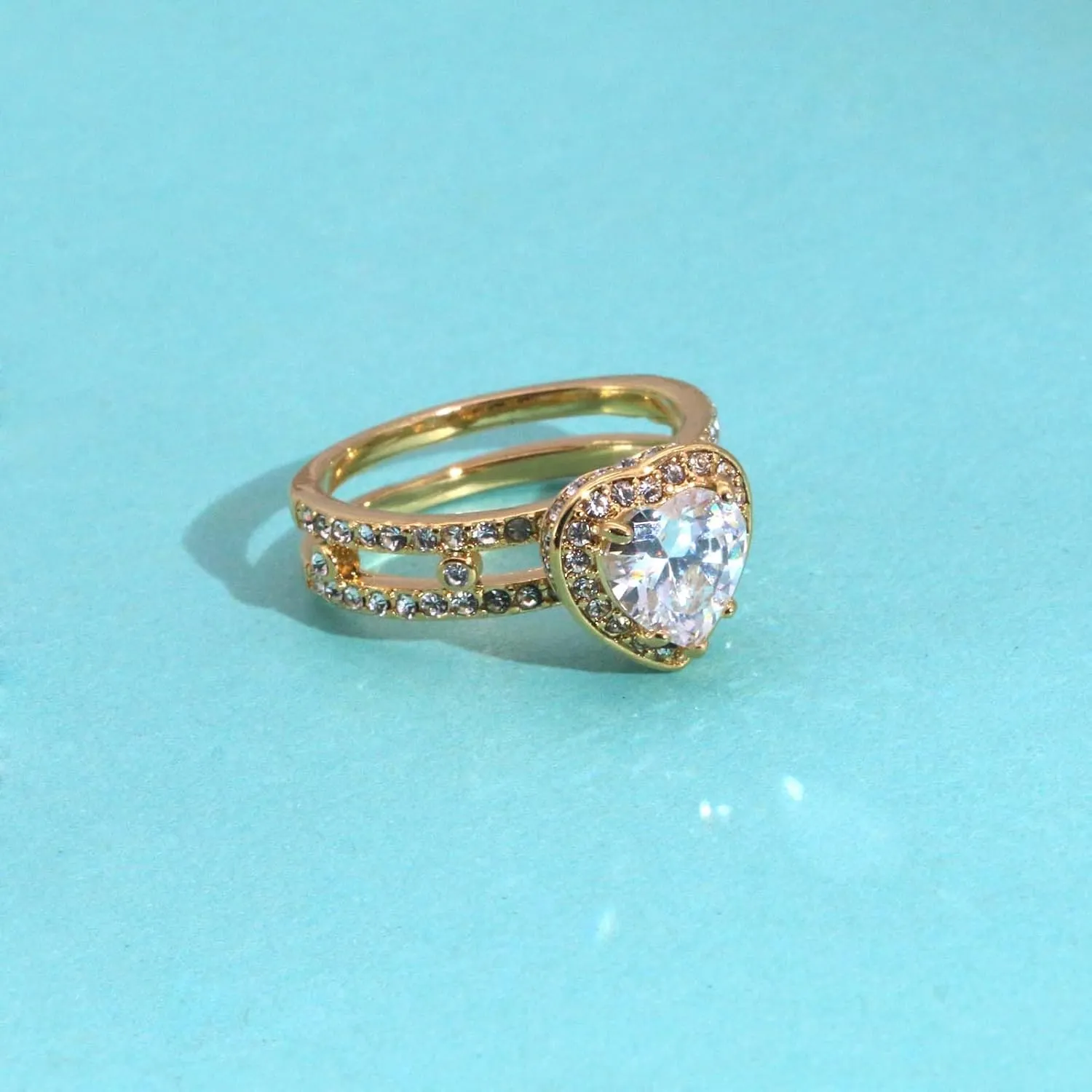 ringheart Couple Rings Matching Ring Heart 1.5ct CZ Yellow Gold Plated Women Wedding Ring Sets for Him and Her Rings