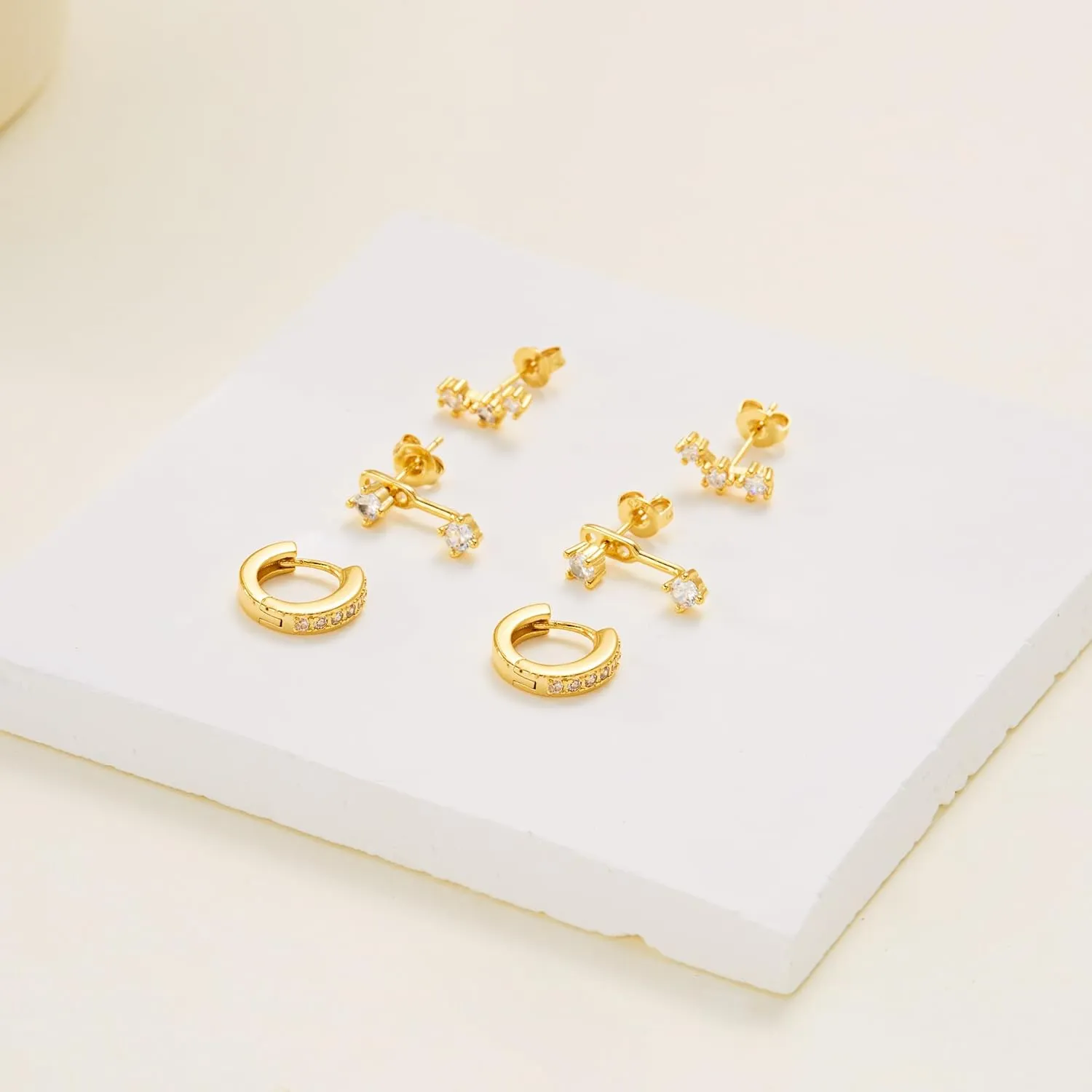 RINHOO 3 pairs Small Earrings Set Multiple Piercing Dainty 14K Gold Plated Hypoallergenic Stud earrings Set Huggie Earrings for Women