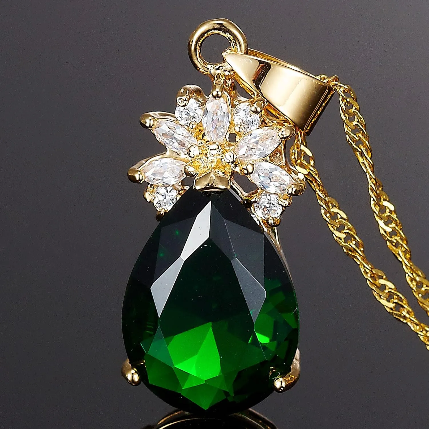 RIZILIA Pendant with 18" Chain & Pear Cut CZ [5 Colors available] in Yellow Gold Plated, Simple Modern Elegant