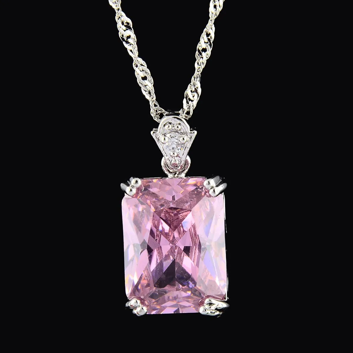 RIZILIA Pendant with 18" Chain & Rectangular Cut CZ [5 Colors available] in White Gold Plated, Simple Modern Elegant