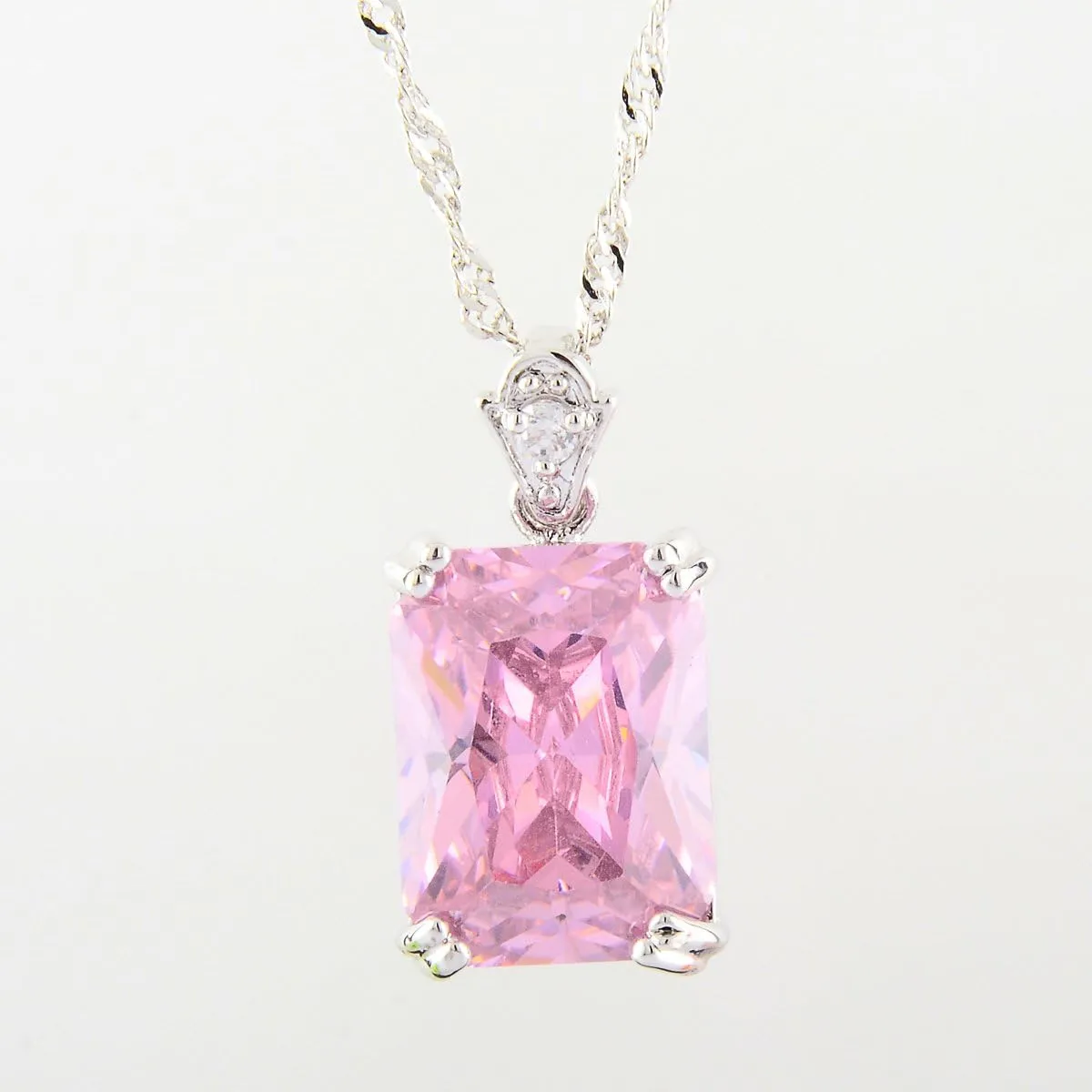 RIZILIA Pendant with 18" Chain & Rectangular Cut CZ [5 Colors available] in White Gold Plated, Simple Modern Elegant