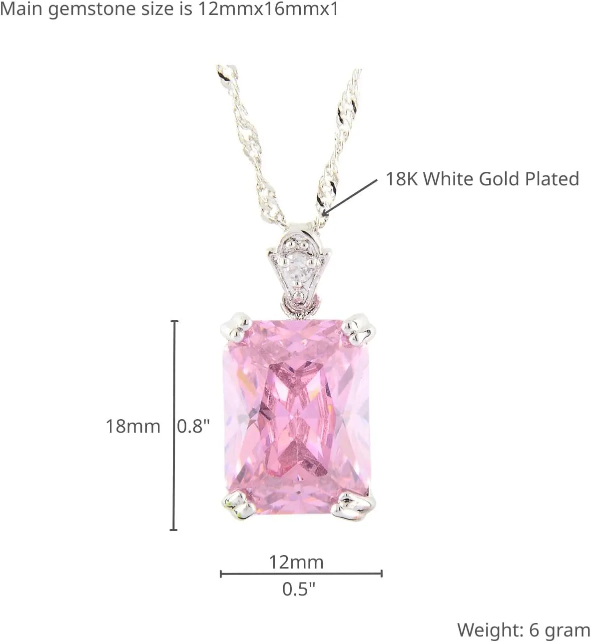 RIZILIA Pendant with 18" Chain & Rectangular Cut CZ [5 Colors available] in White Gold Plated, Simple Modern Elegant