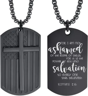 Romans 1:16 Religious Inspirational Bible Quote Dog Tag Necklace for Men Women, Black Stainless Steel American US Flag Cross Dogtag Pendant,Bible Verse Motivational Encouragement Necklaces to Son