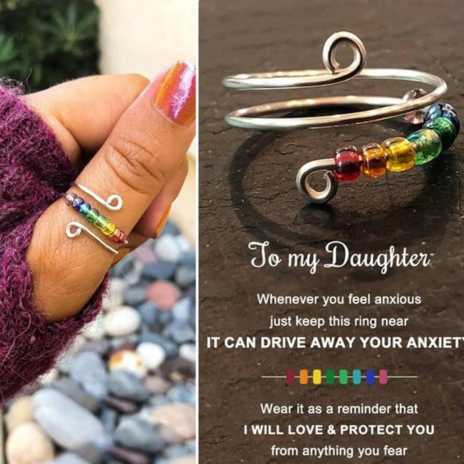 Rotatable Bead Fidget Ring Set - Adjustable Spinner Mood Rings, Cute Gifts for Women & Men