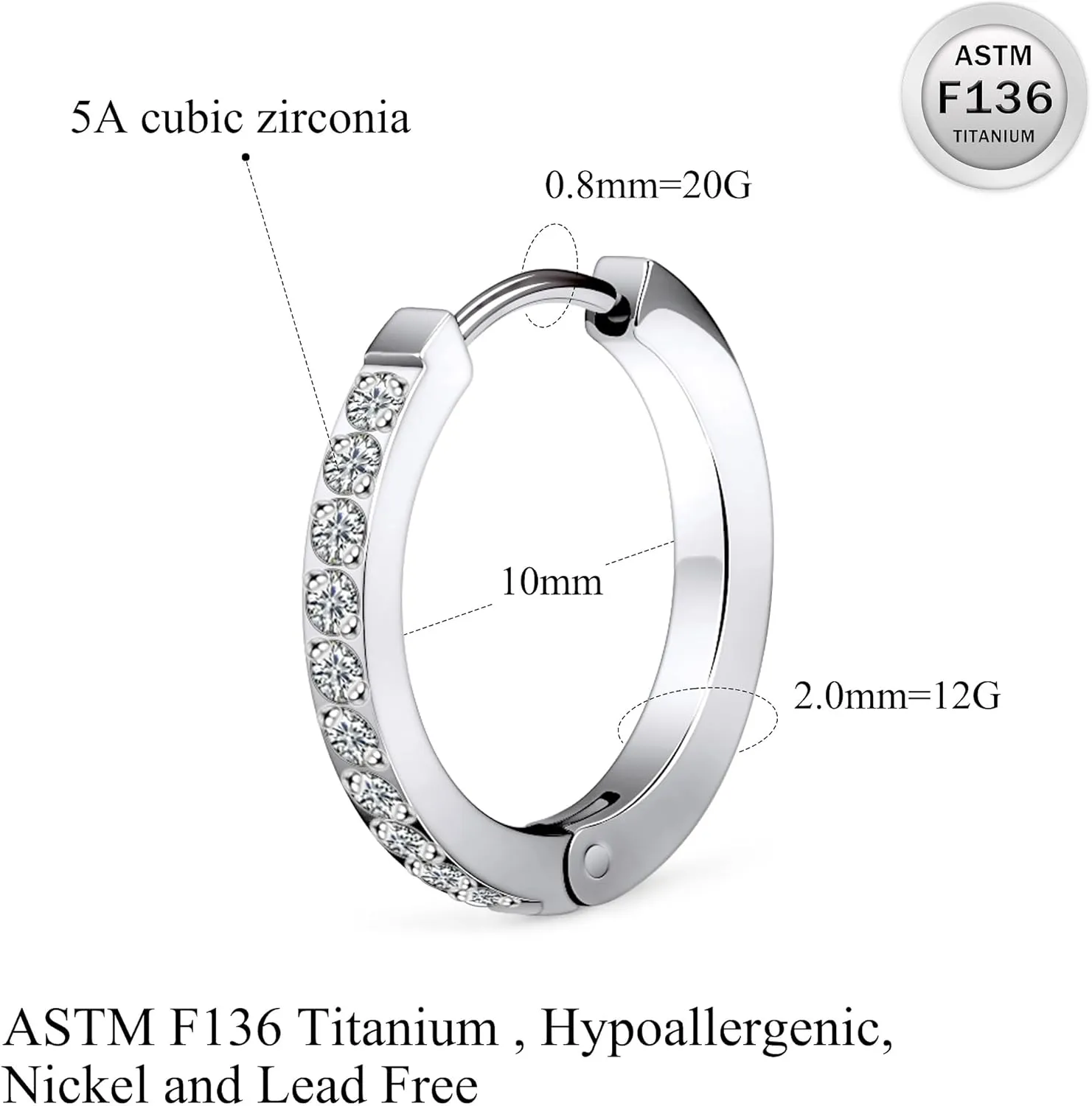 Ruifan ASTM F136 Titanium Hoop Earrings for Women Small Huggie Hoop Earrings Hypoallergenic Rook Helix Cartilage Hoops Cubic Zirconia Cuff Earring Piercing Jewelry For Women Sensitive Ears 20G 18G