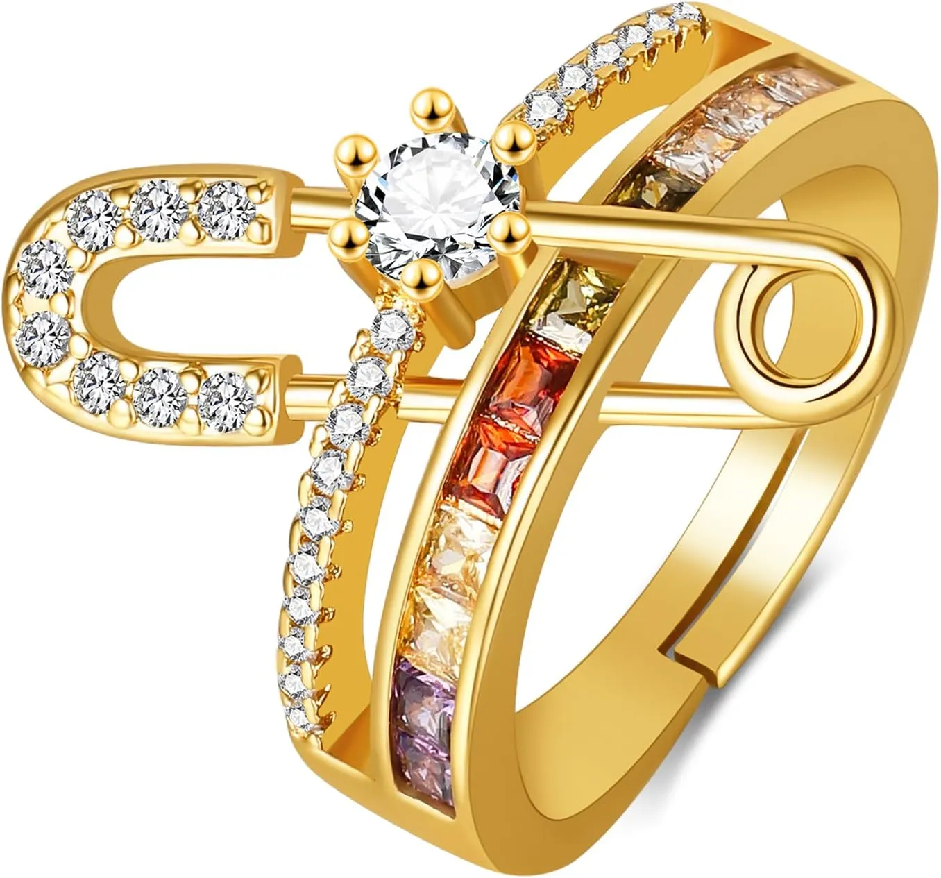 Safety Pin Rings Cubic Zirconia Chunky Open Statement Band Copper Rings for Women Gift