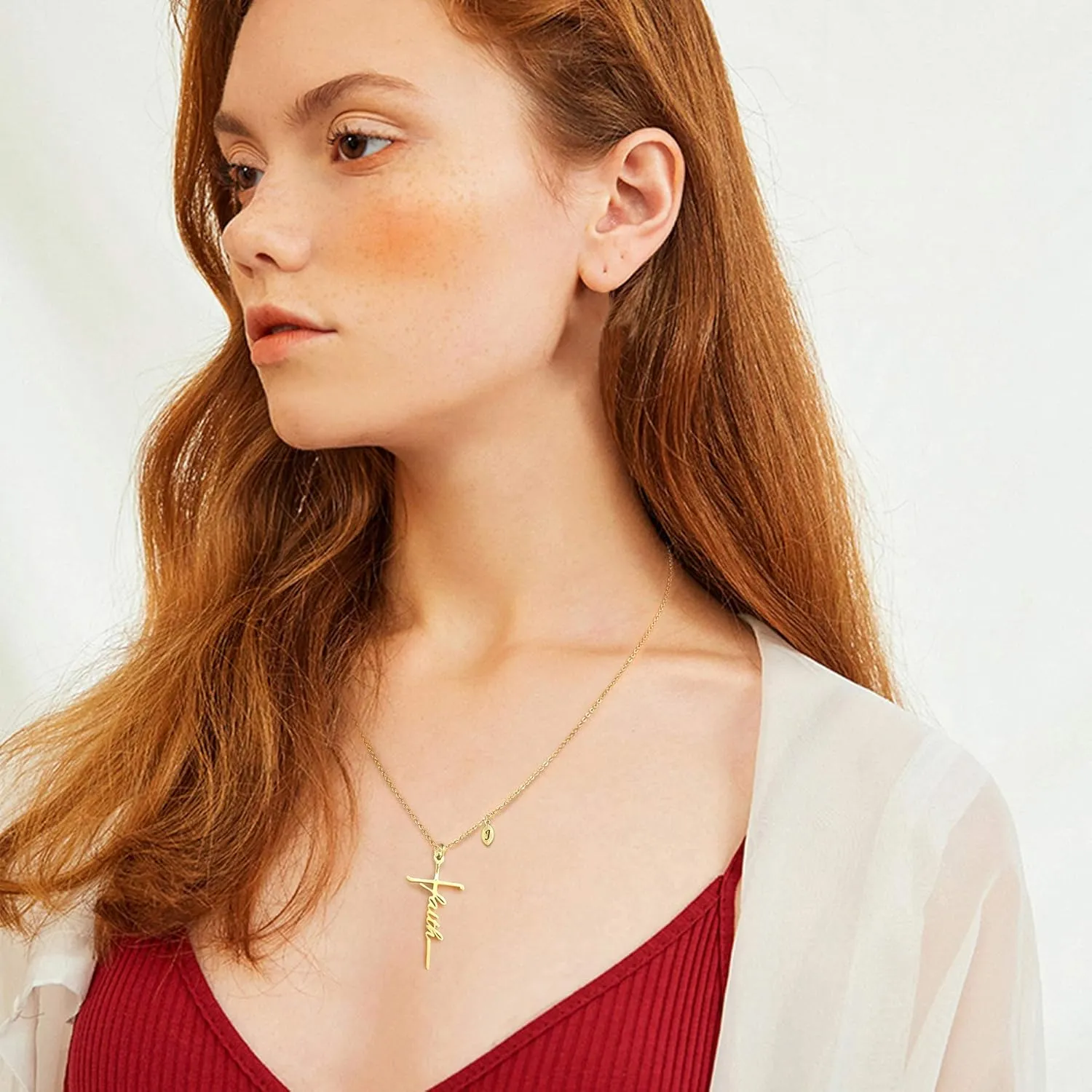 SANNYRA Faith Necklace for Women, Initial Christian Cross Necklaces, 18K Gold Silver Rose Gold-Plated 26 Letters Religious Cross Pendant Jewelry for Her