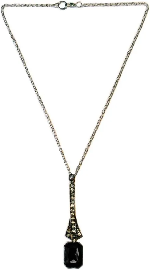 Secret for Longevity Sterling Silver Chain Art Deco Antique Retro Vintage Style Jet Onyx Black Rhinestone Long Pendant Necklace w/ 17" inch chain.