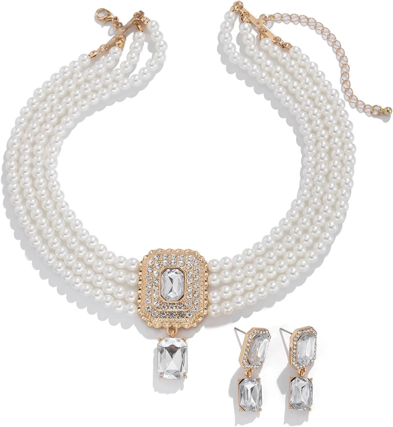 Sexy Bridal Wedding Crystal Pearl Necklaces Earrings Set Jewelry Rhinestone Pearl Clavicle Chain Pearl Multi-layered Choker Necklace Jewelry for Women