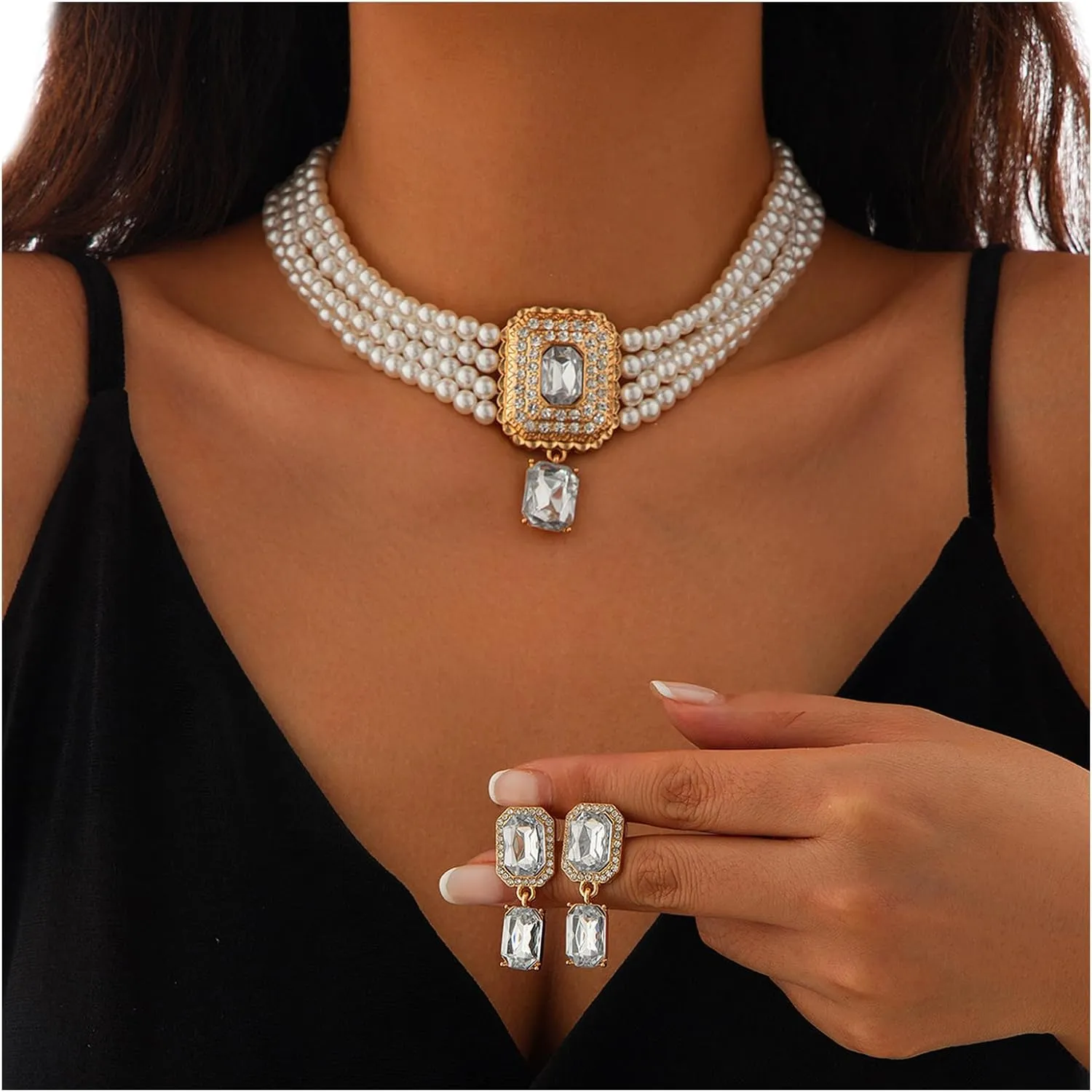 Sexy Bridal Wedding Crystal Pearl Necklaces Earrings Set Jewelry Rhinestone Pearl Clavicle Chain Pearl Multi-layered Choker Necklace Jewelry for Women