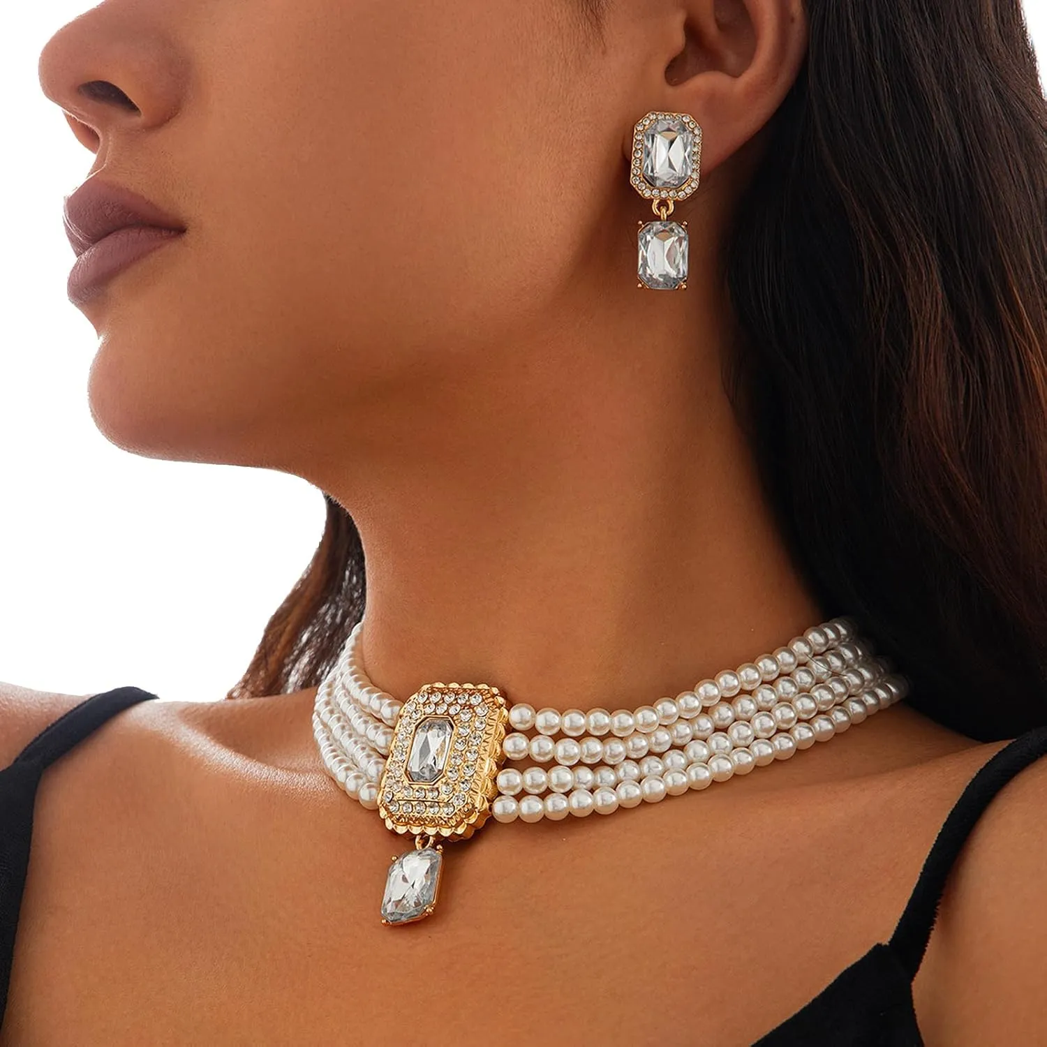 Sexy Bridal Wedding Crystal Pearl Necklaces Earrings Set Jewelry Rhinestone Pearl Clavicle Chain Pearl Multi-layered Choker Necklace Jewelry for Women