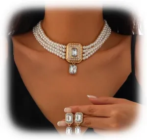 Sexy Bridal Wedding Crystal Pearl Necklaces Earrings Set Jewelry Rhinestone Pearl Clavicle Chain Pearl Multi-layered Choker Necklace Jewelry for Women