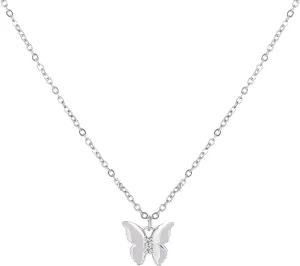 Silver Butterfly Necklace Dainty Silver Plated Butterfly Small Pendant Necklace in White Cubic Zirconia For Women Tiny Cute Fashion Non Tarnish Jewelry Gift For Her
