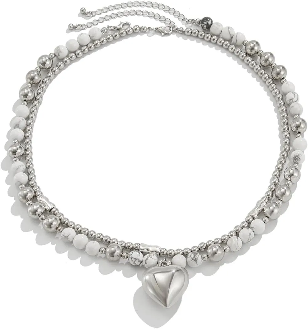 Silver Puffy Heart Pendant White Turquoise Beaded Chain Layered Statement Necklace Set for Women Punk Hip Hop Chunky Love Charm Y2k Aesthetic Stylish Choker Stackable Necklaces Birthday Valentine's Day Gift