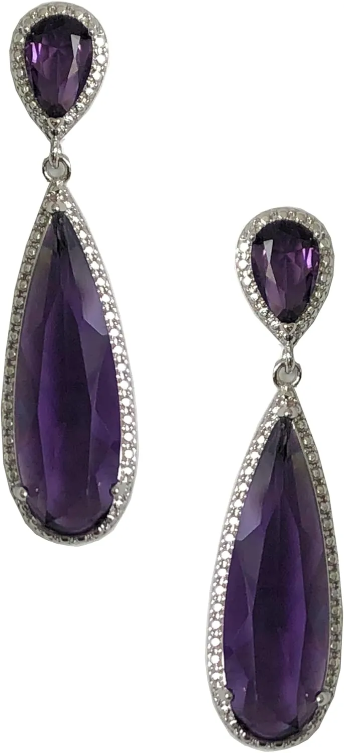 Silver Tone Antique Vintage Retro Art Deco Style Gatsby Flapper Purple Amethyst Rhinestone Wedding Bridesmaid Earrings