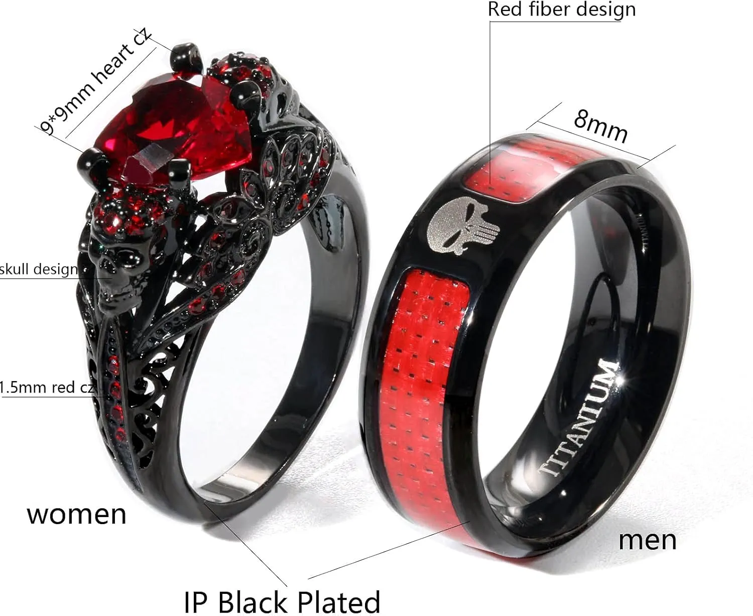 Skull Rings His and Hers Couple Rings Skeleton Rings Heart Green Cz Womens Wedding Ring Punk Ring