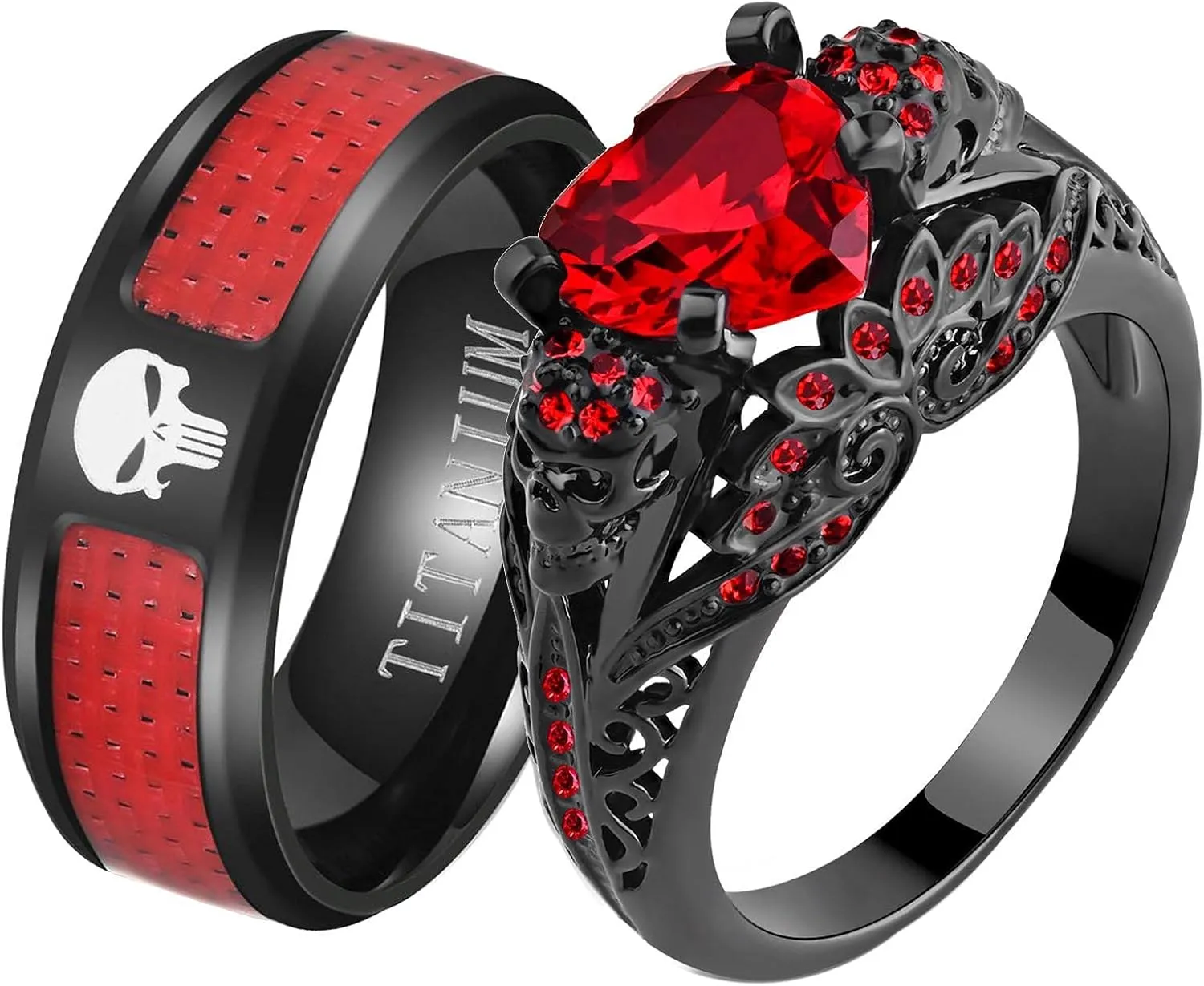 Skull Rings His and Hers Couple Rings Skeleton Rings Heart Green Cz Womens Wedding Ring Punk Ring