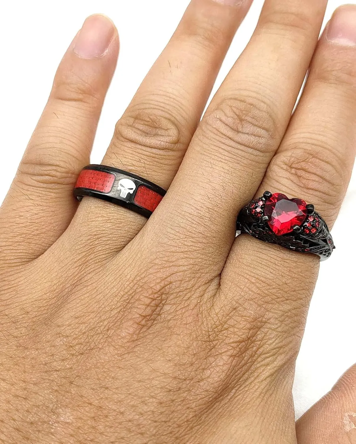 Skull Rings His and Hers Couple Rings Skeleton Rings Heart Green Cz Womens Wedding Ring Punk Ring