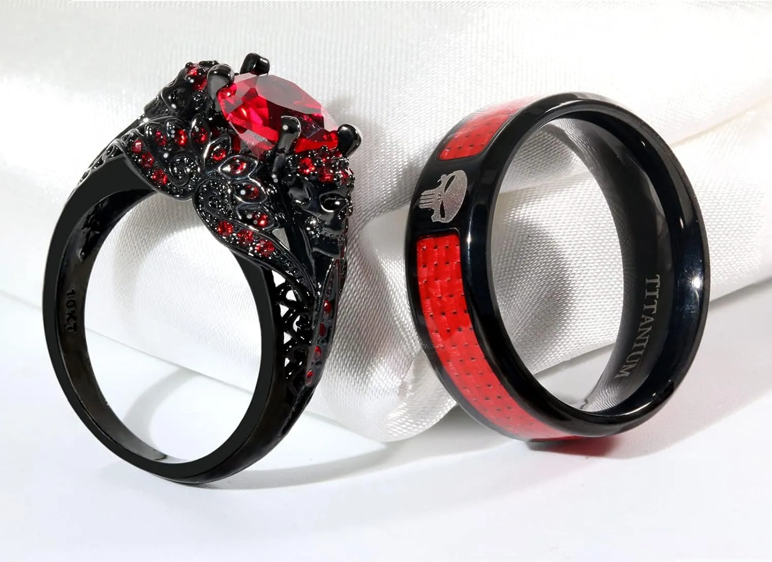 Skull Rings His and Hers Couple Rings Skeleton Rings Heart Green Cz Womens Wedding Ring Punk Ring