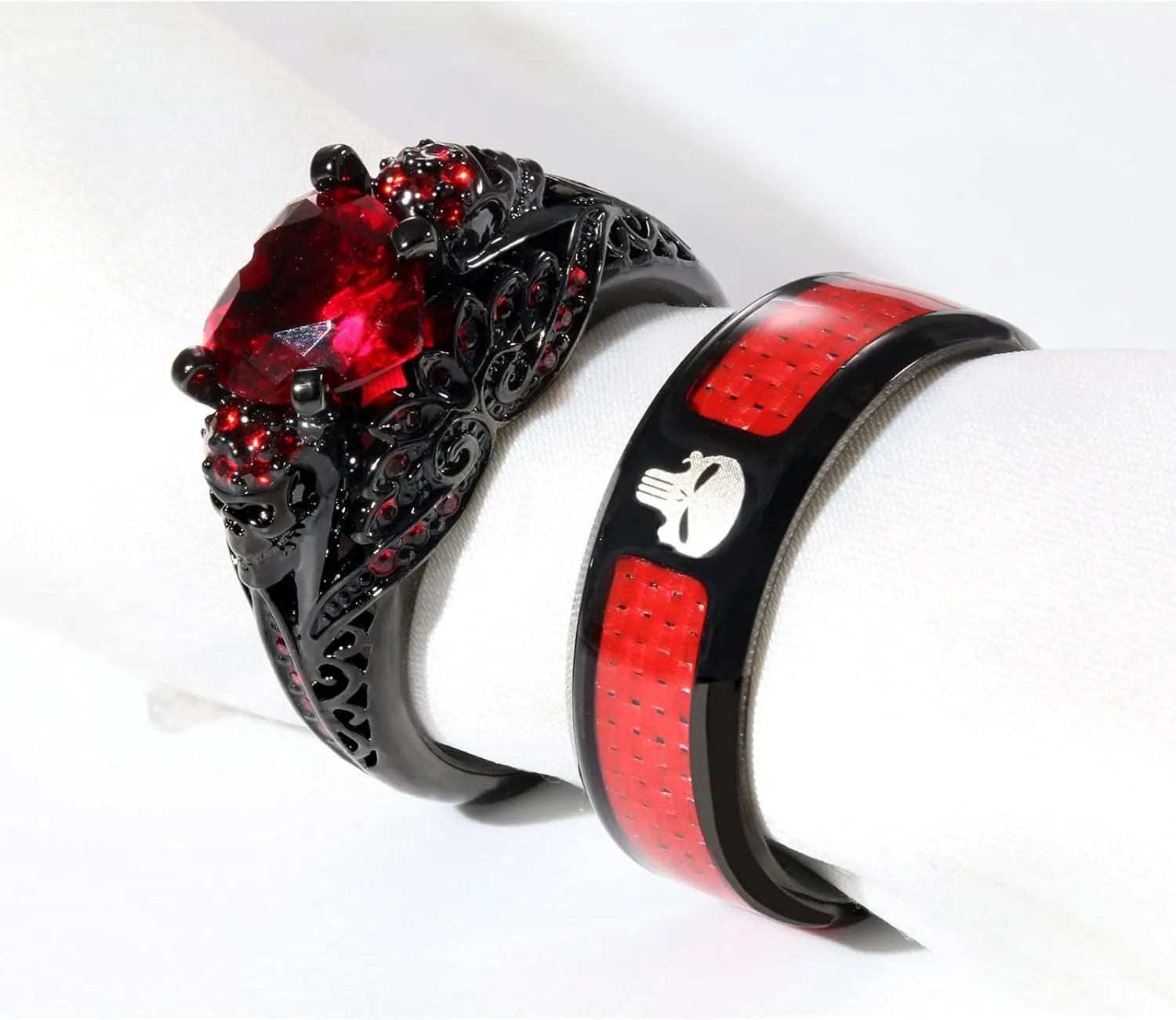 Skull Rings His and Hers Couple Rings Skeleton Rings Heart Green Cz Womens Wedding Ring Punk Ring