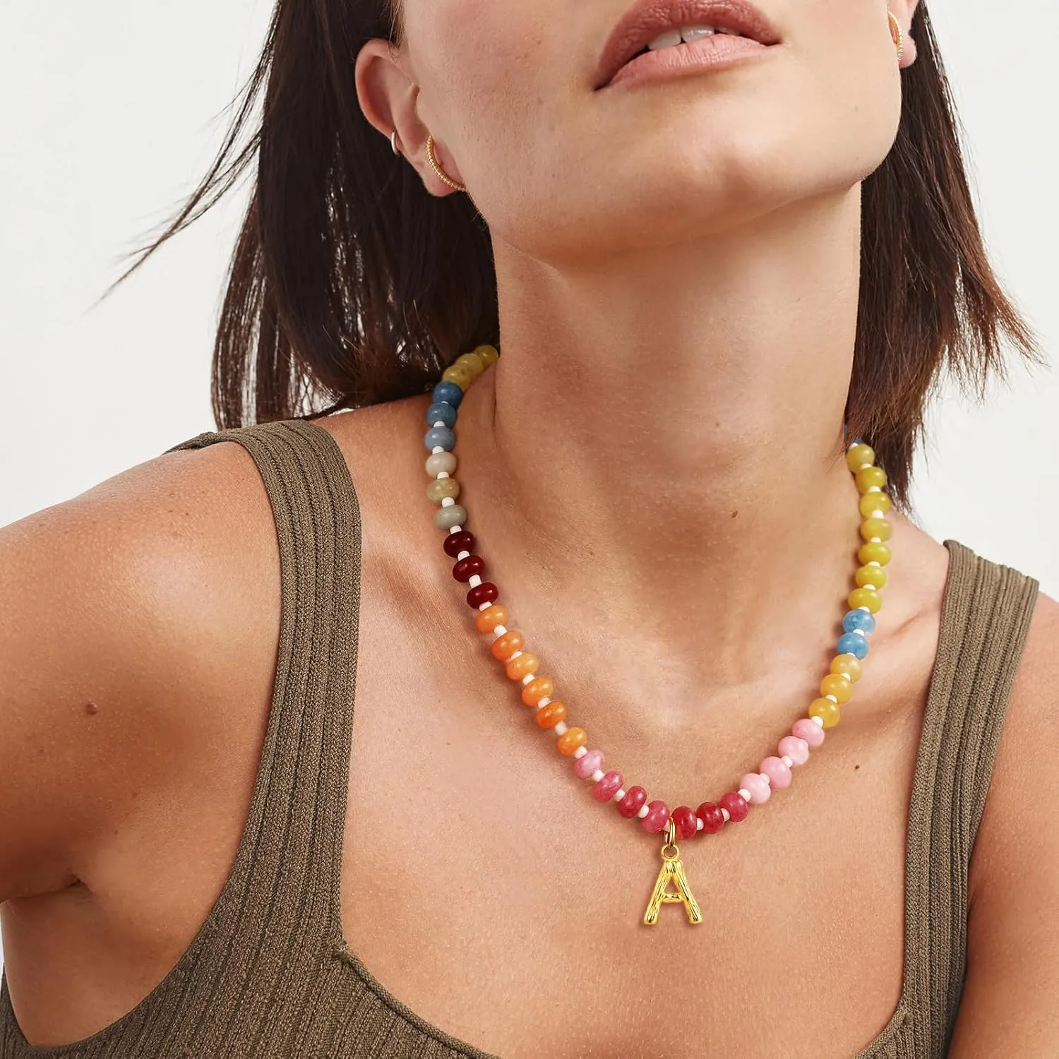 SLOONG Colorful Beaded Necklace for Women, Boho Necklaces Bohemian Rainbow 14K Gold Plated Initial Choker, Natural Stone  Alphabet A-Z
