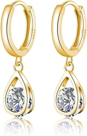 SLUYNZ Sterling Silver CZ Hoop Earrings Drop for Women Teens Sparkly Teardrop Huggie Earrings Simulated Diamond Earrings
