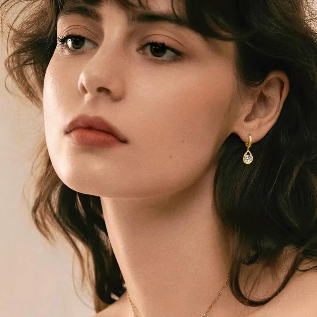 SLUYNZ Sterling Silver CZ Hoop Earrings Drop for Women Teens Sparkly Teardrop Huggie Earrings Simulated Diamond Earrings