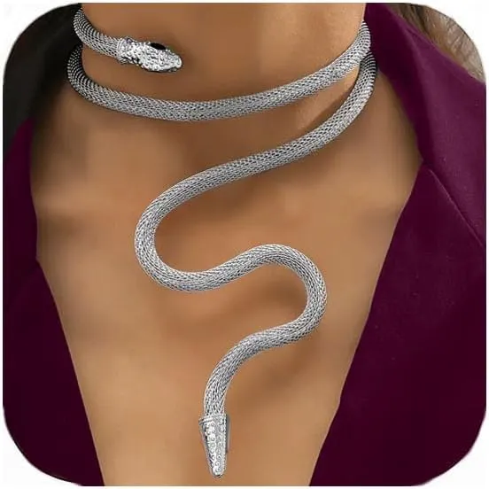Snake Necklace, Punk Bendable Choker Necklaces Snake Skin Print Vintage Long Chain Necklace For Women Party Halloween Anniversary Birthday Jewelry Gift