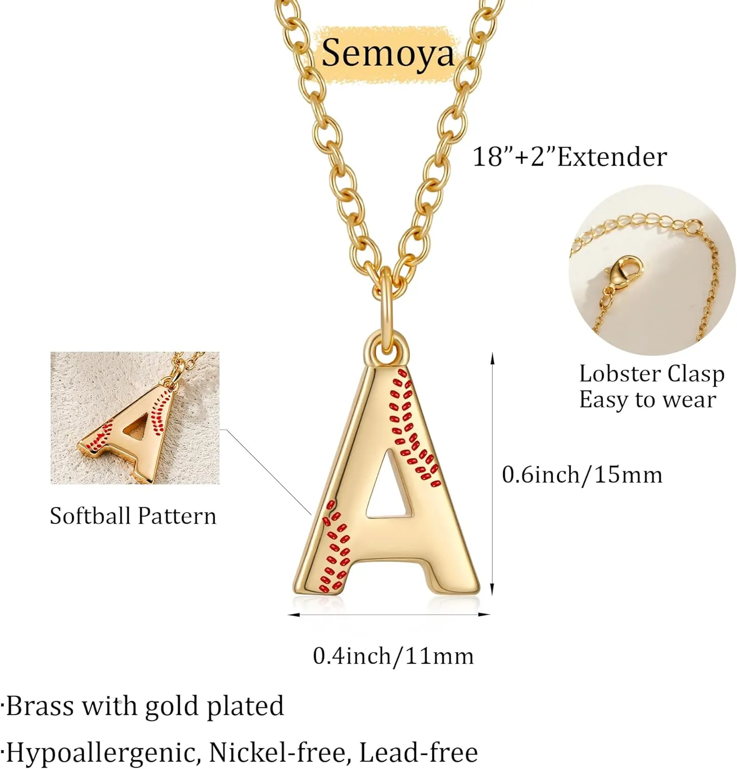 Softball Initial Necklace for Women Girls, Gold A-Z Letter Pendant Necklace Softball Baseball Mom Themed Jewelry Gifts