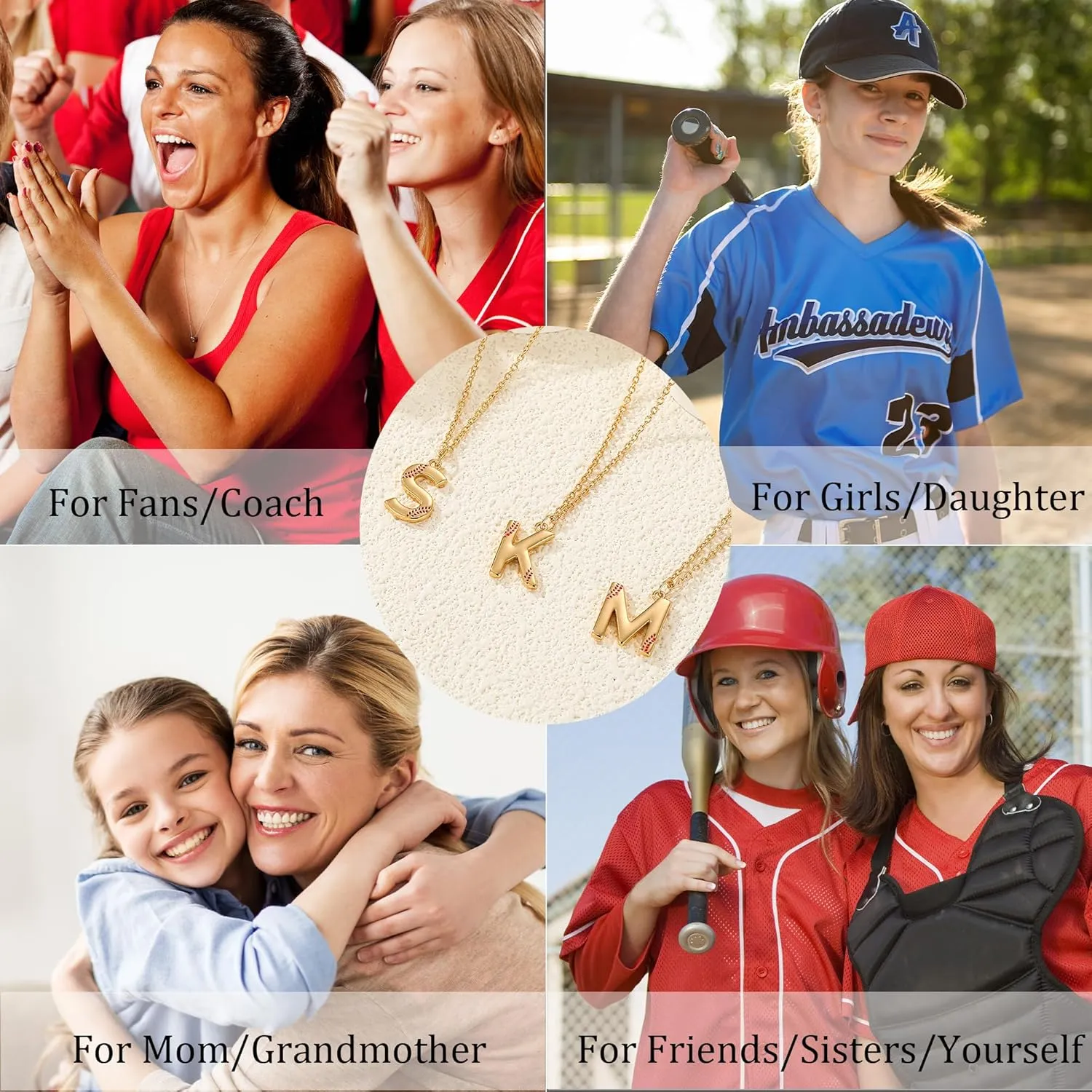 Softball Initial Necklace for Women Girls, Gold A-Z Letter Pendant Necklace Softball Baseball Mom Themed Jewelry Gifts