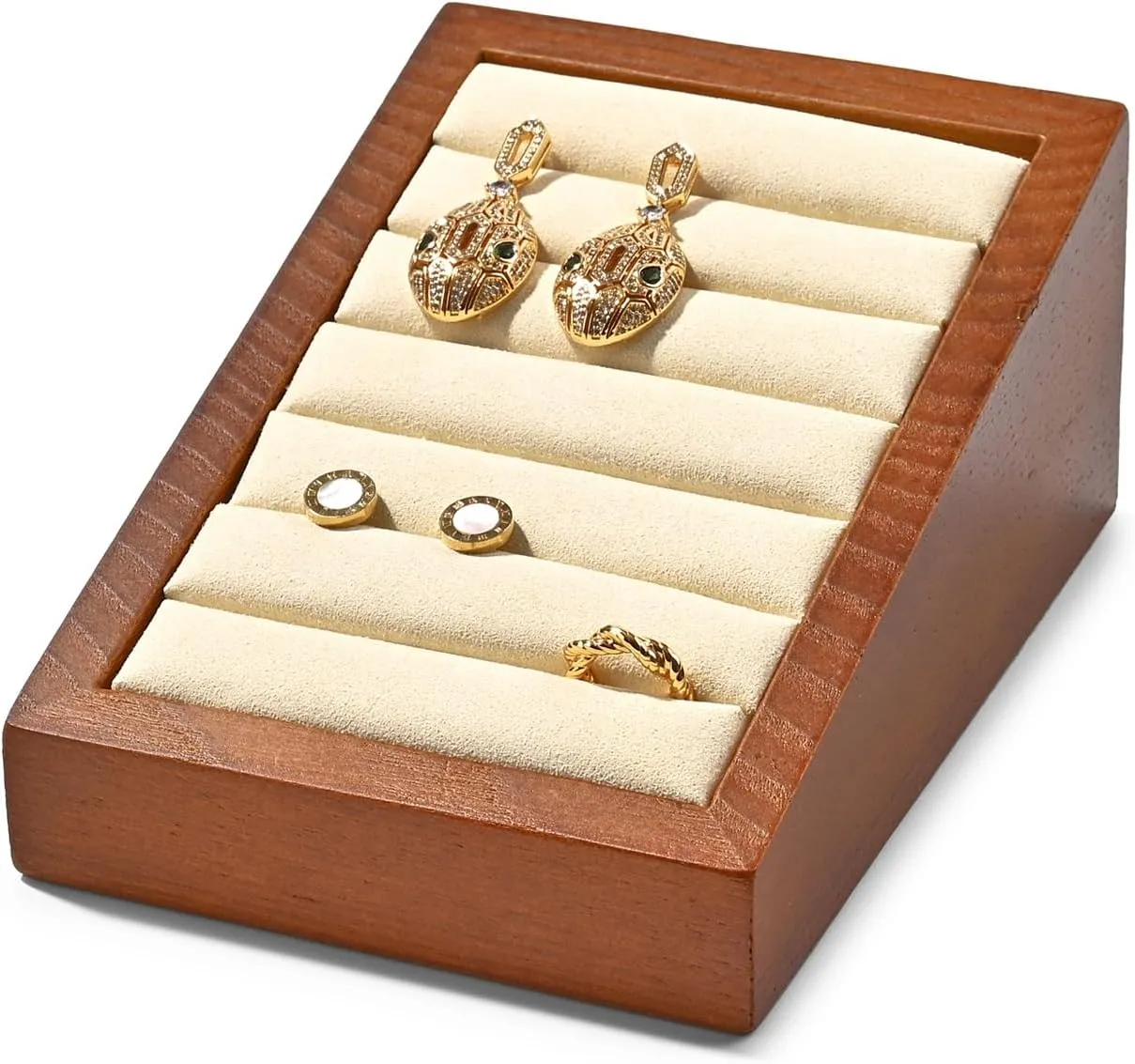 Solid Wood Jewelry Ring Tray Display Stand Slotted Jewelry Ring Showcase Display Organizer Holder for Trade Showcase(Beige)