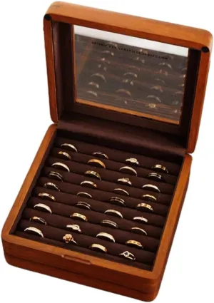Solid Wood Rings Jewelry Box with Glass Lid Cufflink Earrings Organizer Display Storage For Multiple Rings Wooden Case Holders For Women Men Gift