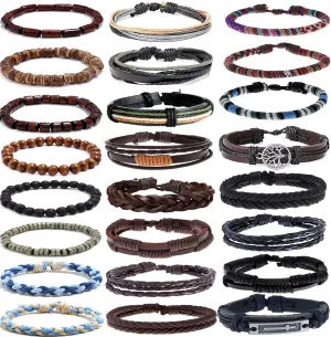 SONNYX 24 PCS Braided Leather Bracelet for Men Women Cool Woven Wrist Cuff Bracelets Hemp Cords Wooden Beads Ethnic Tribal Handmade Wrap Adjustable Wristband Bracelets