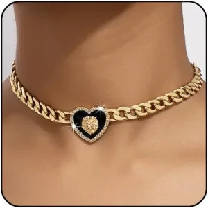 Sora Tuki Heart Necklaces for Women Silver Heart Choker Gold Heart Necklace Cuban Link Chain Gold Chunky Necklace CZ Heart Pendant Punk Statement Necklace Fashion