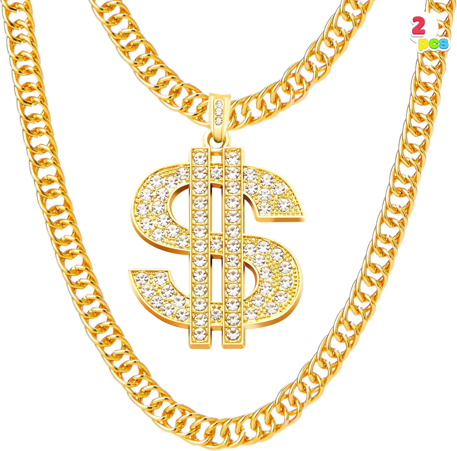 Spooktacular Creations Gold Dollar Chains Necklaces, 2 pcs Money Pendant Chain Hip Hop Dollar Sign Necklace Jewelry Halloween Accessory for Men Women Dress Up Party