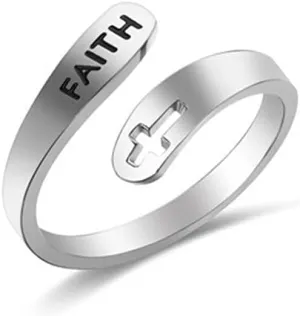 Stainless Steel Christian Cross Engraved Love Faith Hope Blessed Ring Polished Opening Adjustable Letter Religious Ring for Women Men Birthday Jewelry Gift