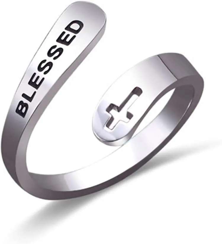 Stainless Steel Christian Cross Engraved Love Faith Hope Blessed Ring Polished Opening Adjustable Letter Religious Ring for Women Men Birthday Jewelry Gift