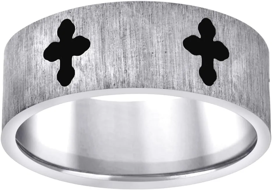 Stainless Steel Mens Brushed With Black Religious Faith Crosses Comfort-Fit Fashion Band Ring 7.9mm Wide Wedding-Band for Men