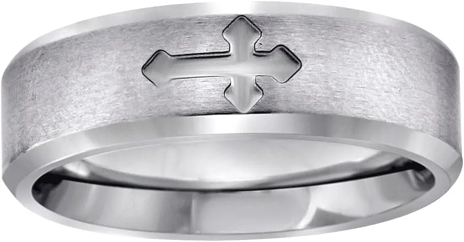 Stainless Steel Mens Center Brushed Religious Faith Cross Beveled Edges Comfort-Fit Fashion Band Ring Wedding-Band for Men