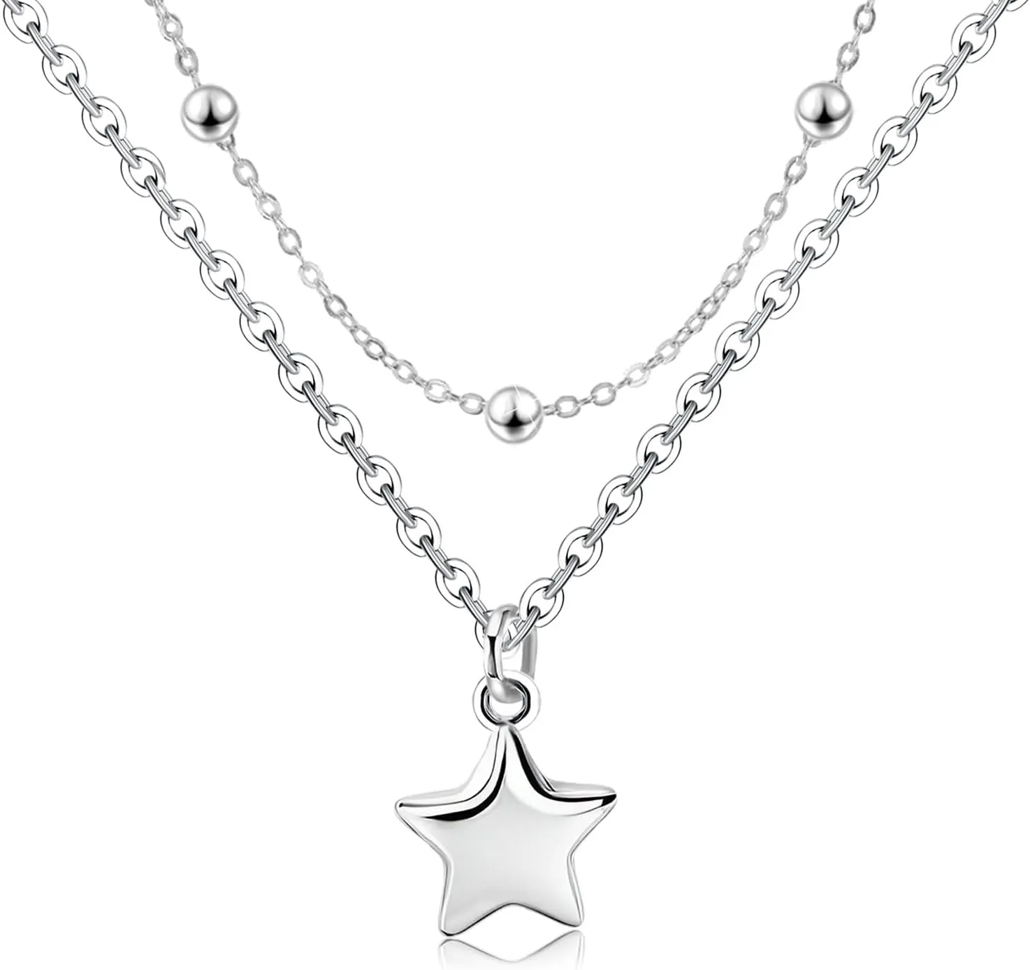 Star Layered Necklaces for Women - Sterling Silver Adjustable Star Pendant Necklace Stacked Bead Double Chain Charm Necklace Fashion Gifts for Christmas Birthday for Teen Girls Girlfriend Wife