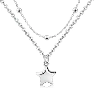 Star Layered Necklaces for Women - Sterling Silver Adjustable Star Pendant Necklace Stacked Bead Double Chain Charm Necklace Fashion Gifts for Christmas Birthday for Teen Girls Girlfriend Wife