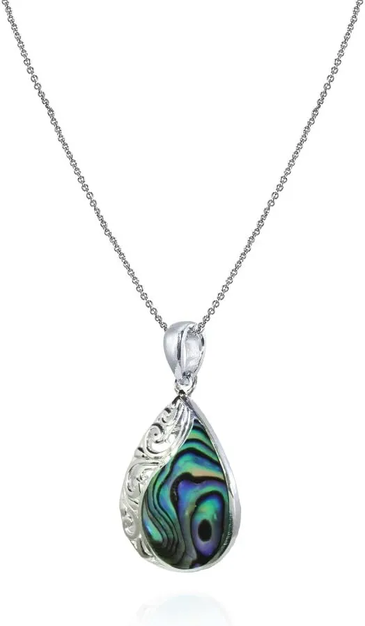 Sterling Silver Abalone or Simulated Turquoise Filigree Teardrop Pendant Necklace