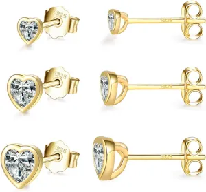 Sterling Silver Small Stud Earrings for Women Men, 3 Pairs of Tiny Heart Shaped Cubic Zirconia Earrings White Gold Plated CZ Cartilage Tragus Earrings(2mm/3mm/4mm)