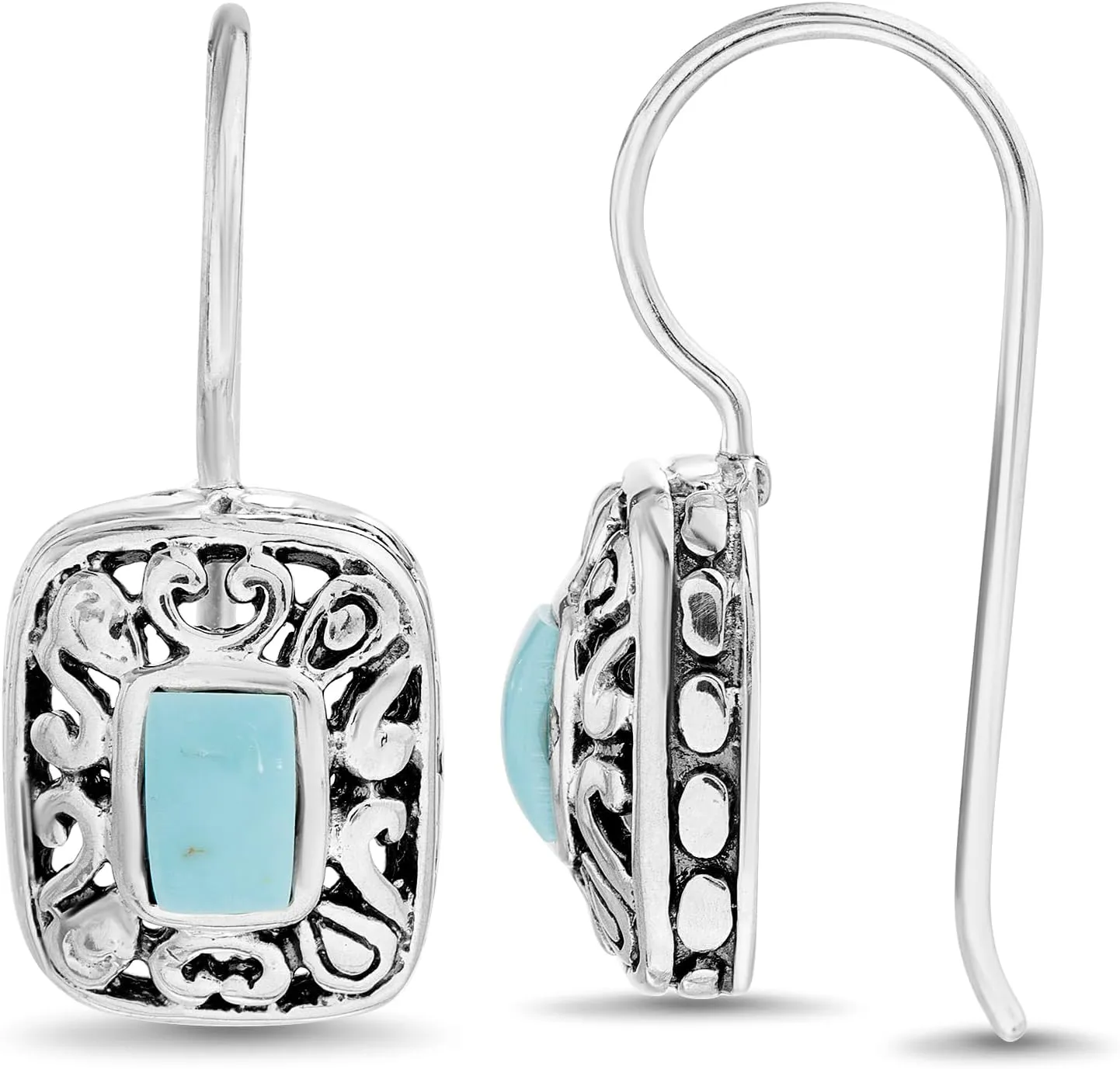 Sterling Silver Turquoise Earrings Filigree French Wire Dangle for Women