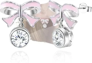 Sterling Sliver Womens Charming Pink Bow-Shaped Fashion Stud Earrings Hypoallergenic Cubic Zirconia Dainty Beautiful Stud Earrings