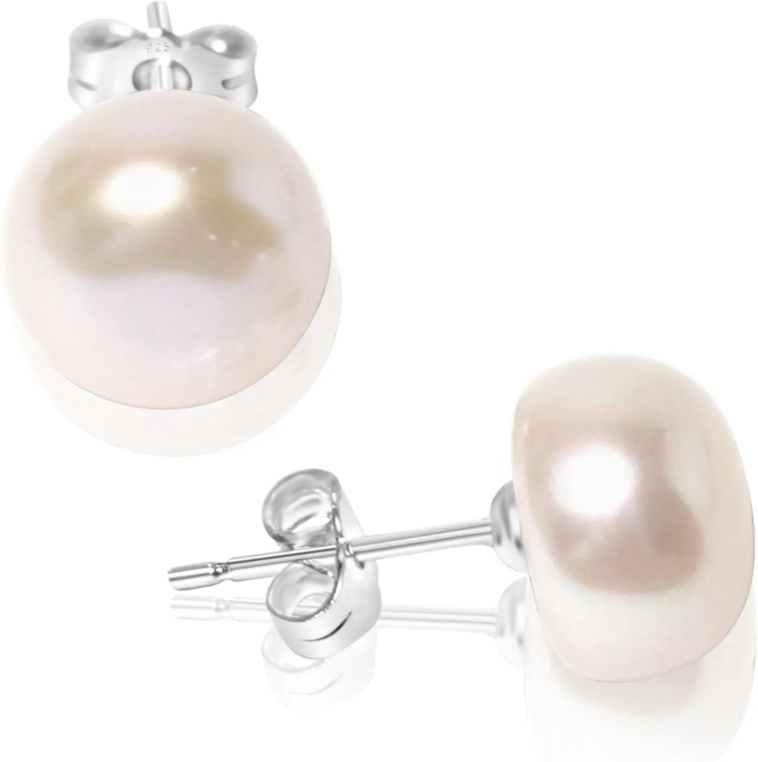 Stunning 10-11mm Grade AAA  Genuine Freshwater Cultured Pearl Stud Earrings in 925 Sterling Silver  Cream White, Pink, Lavender, and Peacock Black