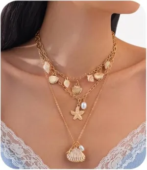 Summer Shell Pendant Necklace Multi-layered Gold Starfish Tassel Collar Necklace Bikini Beach Pearl Clavicle Chain Body Chain Jewelry for Women