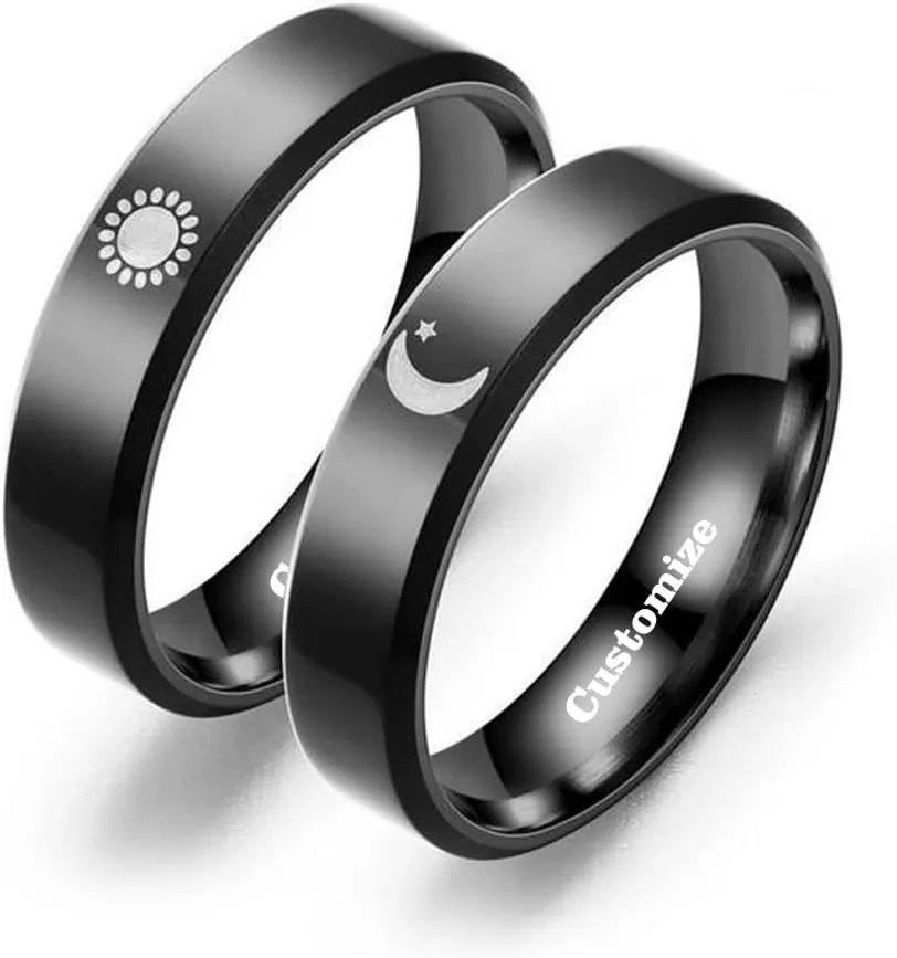 Sun and Moon Ring Promise Couple Ring Matching Rings for Couples Customized Engagement Wedding Ring Personalized Band Sets for Him and Her Stainless Steel High Polished Comfort Fit Black